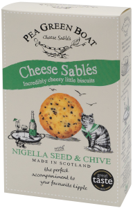 A box of Pea Green Boat Nigella Seed and Chive flavoured cheese sables biscuits