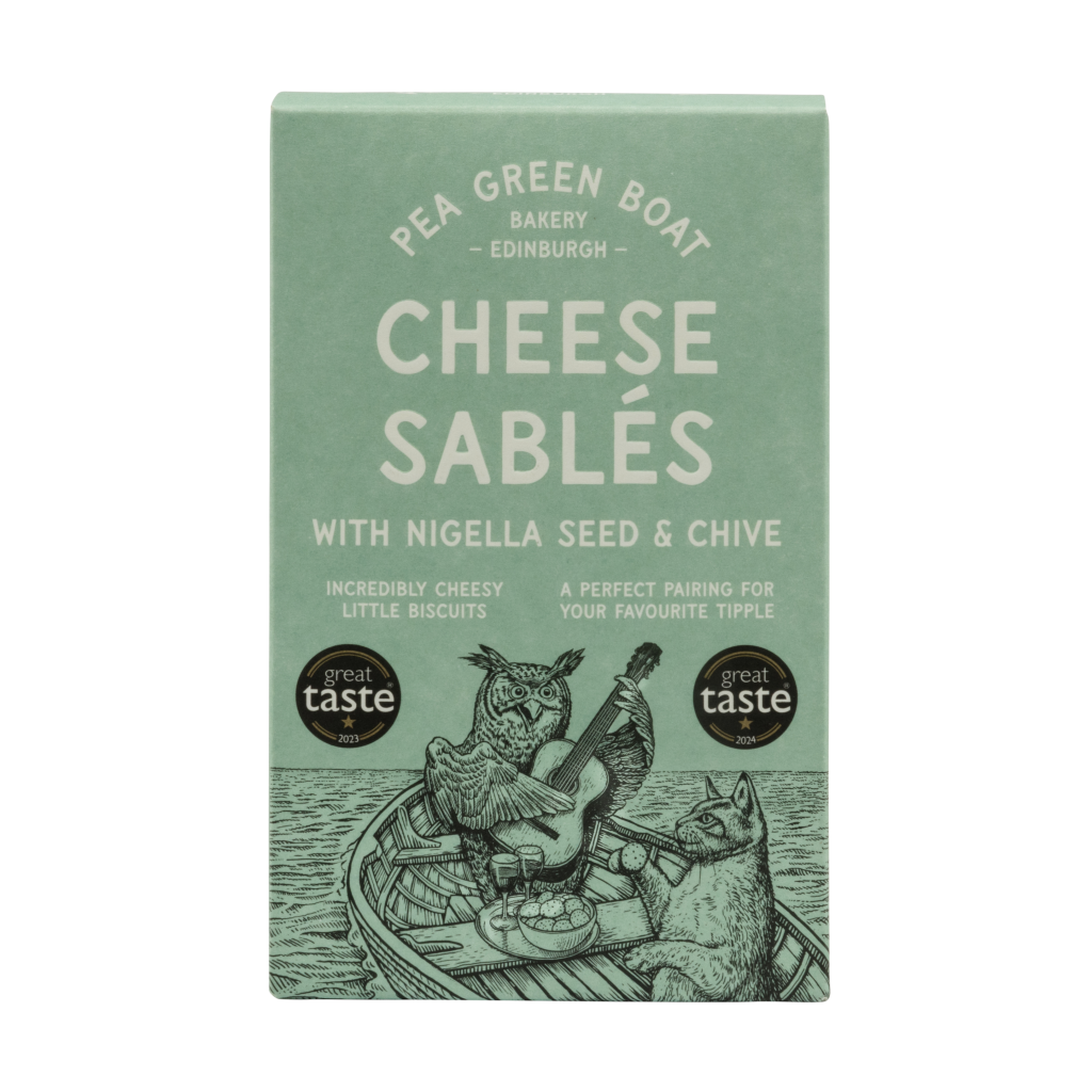 a box of pea green boat nigella seed and chive cheese sables