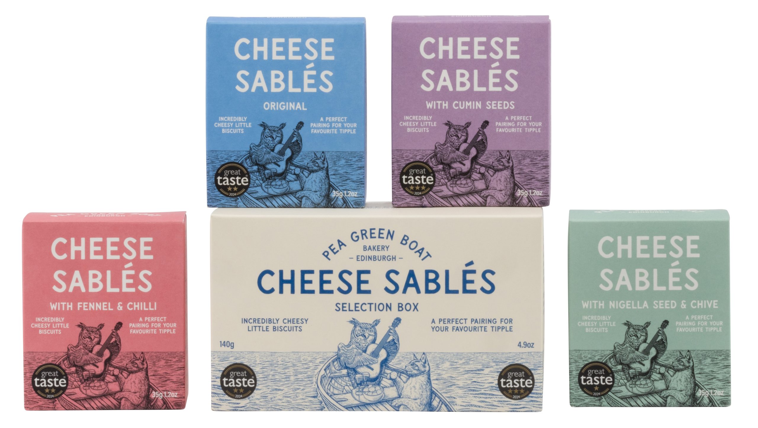 Selection box of 35g packs of Pea Green Boat Cheese Sables